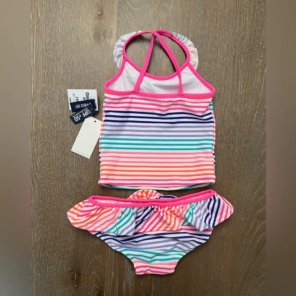 🆕Oshkosh baby girls two piece pastel multicolor striped swim suit 24 mos‎ NWT
